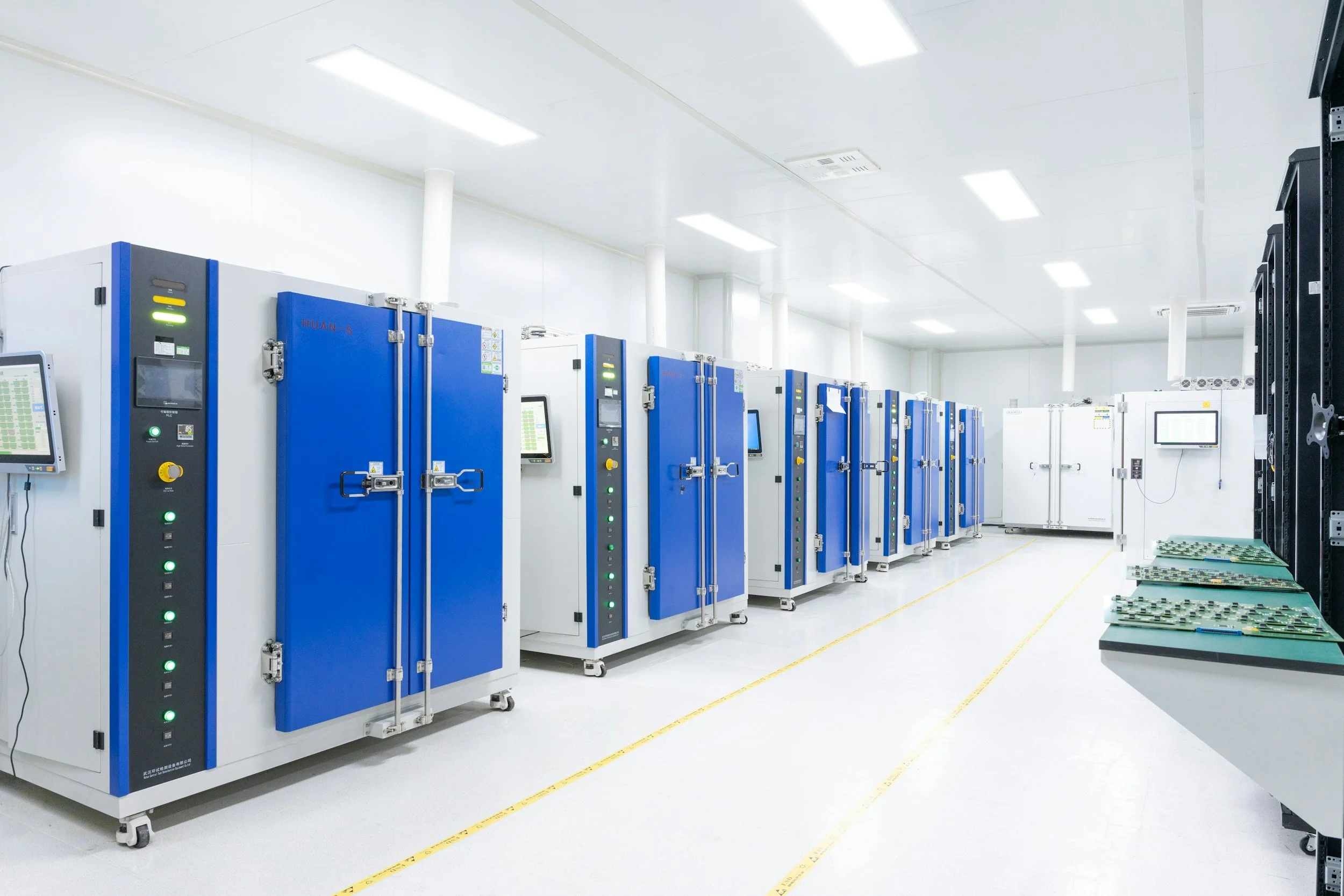 Industrial machines with sensors in a clean white room