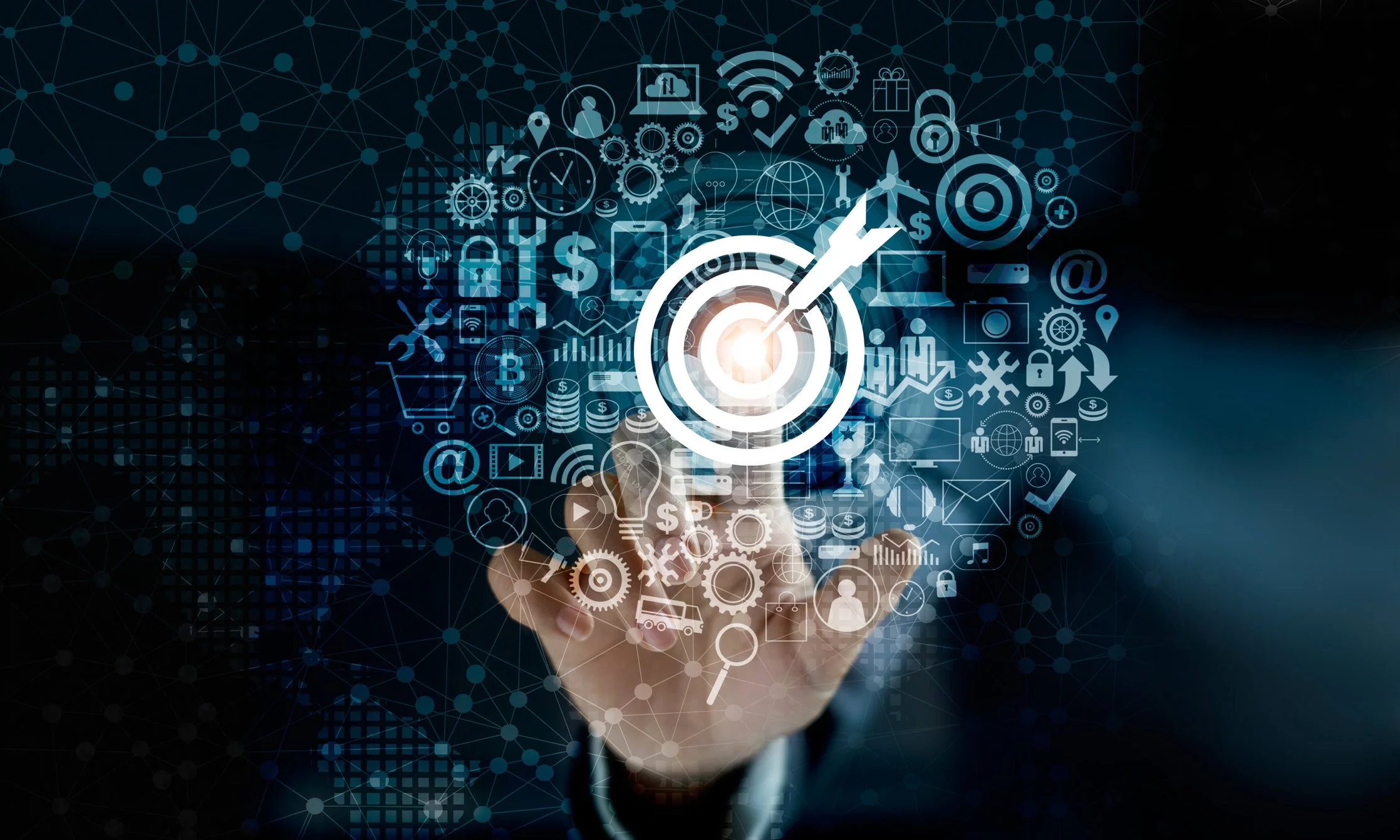 IT strategy abstract digital hologram with icons for data and technology